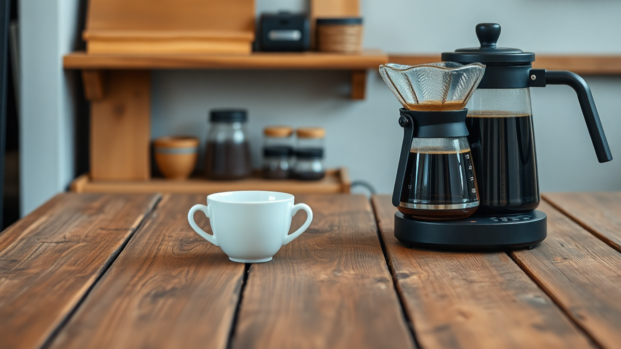 Wooden shelves with various kitchen items, including a coffee maker and a white ceramic mug, on a wooden table.